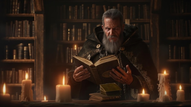 Средневековый волшебник, увлеченный чтением книги, сидя в библиотеке, окруженной полками с книгами.