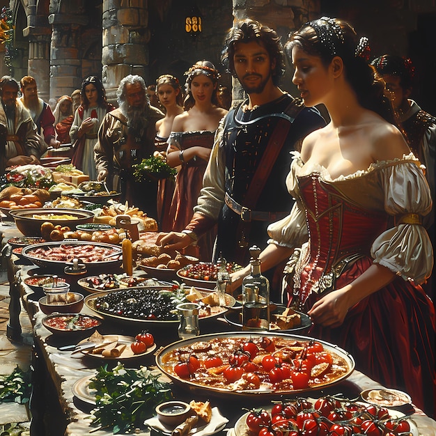 中世 の 市場 の 喜び 宴 と 友人 たち と の 遊び