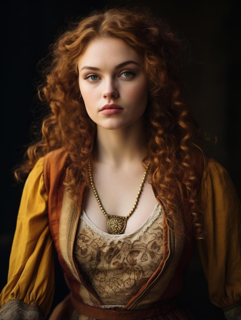 Photo a medieval noble lady in a mustard dress with curly hair