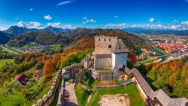 Medieval old castle in celje city, slovenia. travel outdoor touristic background with amazing panoramic autumn view