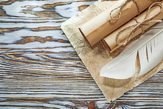 Medieval paper rolls crumpled document plume on wooden board.