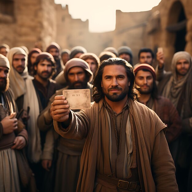 A Medieval People Gathering Holding a Bus Business Card With Creative Photoshoot Desig