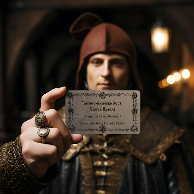 Photo a medieval people portrait holding a busi business card with creative photoshoot desig