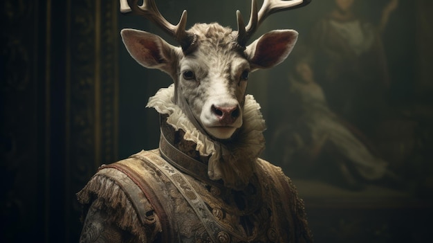 Photo medieval renaissance deer in fancy outfit with sentient biped troglodite