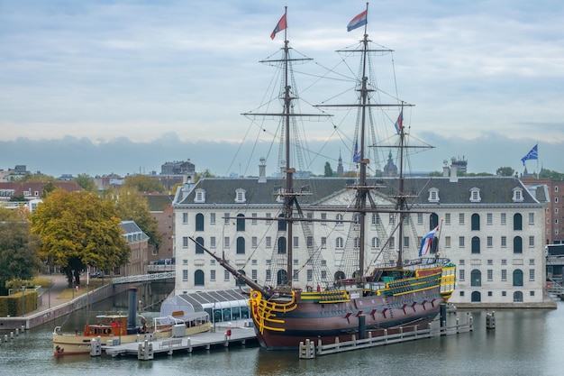 Medieval Sailing Ship in Front of the Amsterdam Maritime Museum