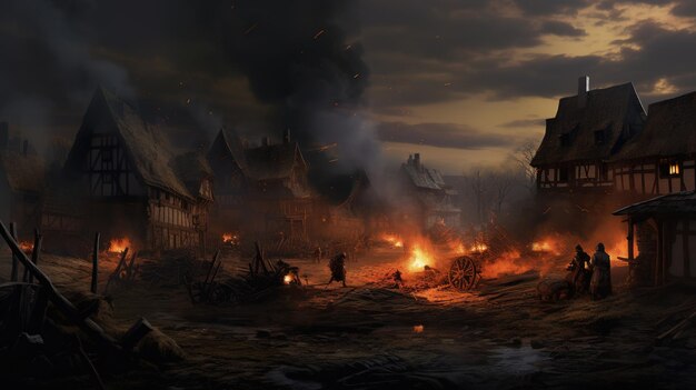 Medieval scene with burning houses 3D illustration Fantasy