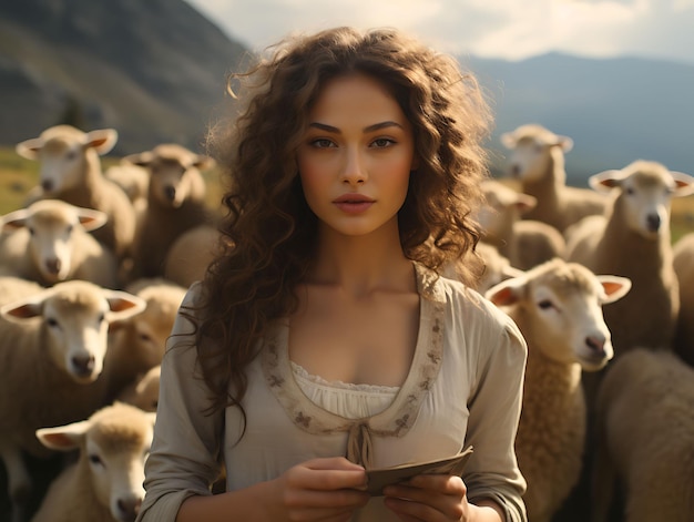 Photo a medieval shepherdess with a flock of sh business card with creative photoshoot desig