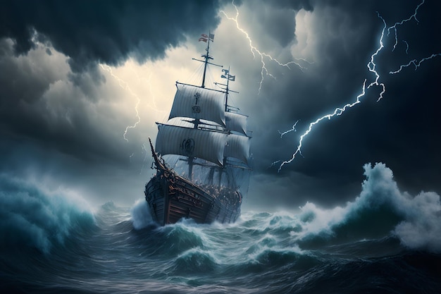 Средневековый корабль борется с жестоким штормом на море, волны разбиваются, а молнии бьют в темноте.