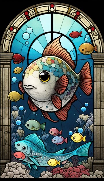 Medieval Stained Glass Mural of a Cute Fish Generative AI