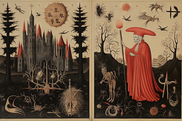 スケルトンとモンスターを使用した中世スタイルのオカルト アート神秘的な宗教シーンを含む古代のアイコンまたは古い本のイラスト生成された AI