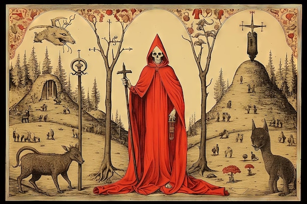 中世様式のオカルトアート 骨格とモンスター 古代のアイコンや古い本のイラストで 神秘的な宗教的なシーン