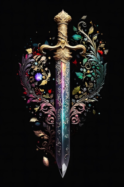Средневековый меч и ножны Фантастический золотой меч с длинным лезвием Искусство, созданное нейронной сетью