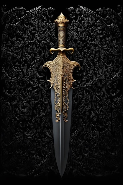 Medieval sword and scabbard Fantasy golden sword with long blade Neural network generated art