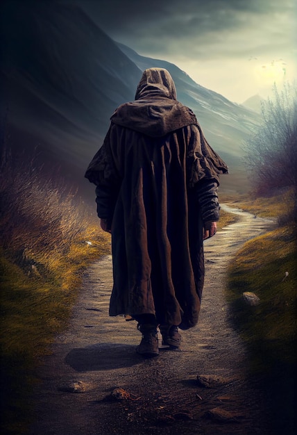 A medieval traveler in a cloak and hood walks along the path