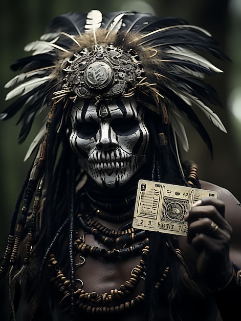 Photo a medieval tribal warrior performing a tr business card with creative photoshoot desig