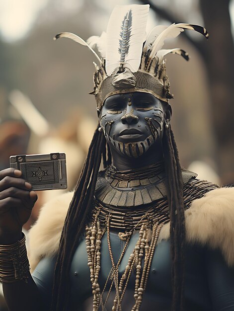 Photo a medieval tribal warrior performing a tr business card with creative photoshoot desig