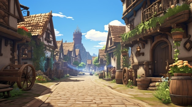 Medieval village a cobblestone street with a clock tower in the background beautiful sunny day