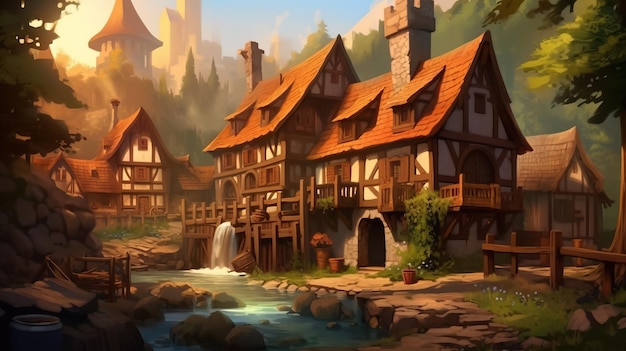 Photo medieval village digital painting by ai