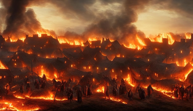 Средневековая деревня в огне, дома охвачены пламенем, огонь в городе Нападение варваров-викингов на средневековое деревенское поселение Война в королевстве 3d иллюстрация