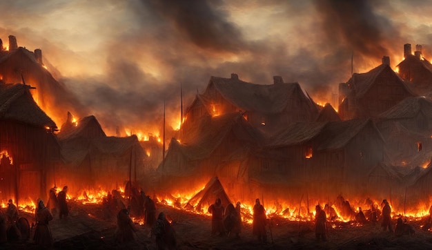中世の村は火事になっています 家は炎に包まれています 都市の火事 中世の村の集落でのバイキングの野蛮人の攻撃 王国の3Dイラストでの戦争