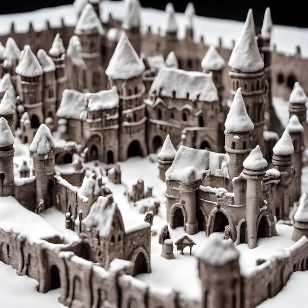 写真 上から見ると雪で覆われた粘土で作られた中世の村