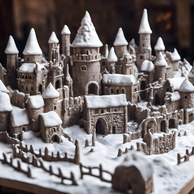 Medieval village made from clay seen from above and covered with snow