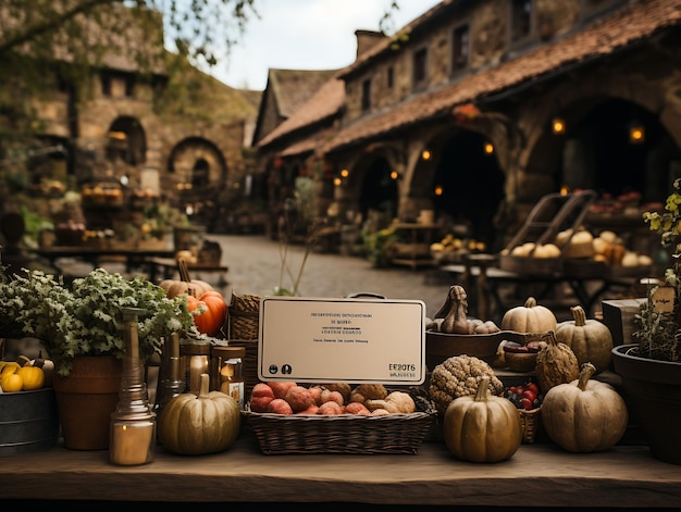 A medieval village market holding a busin business card with creative photoshoot desig