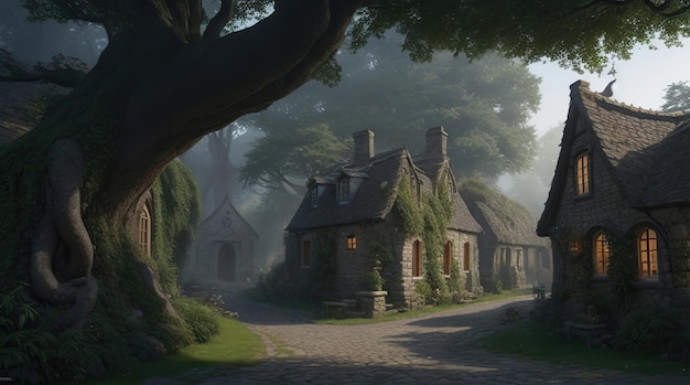 medieval village with cobblestones and trees