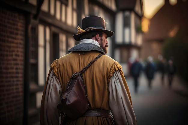 Medieval wanderer on the street of the old city neural network ai generated