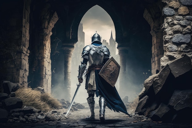 Средневековый воин в доспехах с мечом, идущим рыцарем на фоне каменных руин
