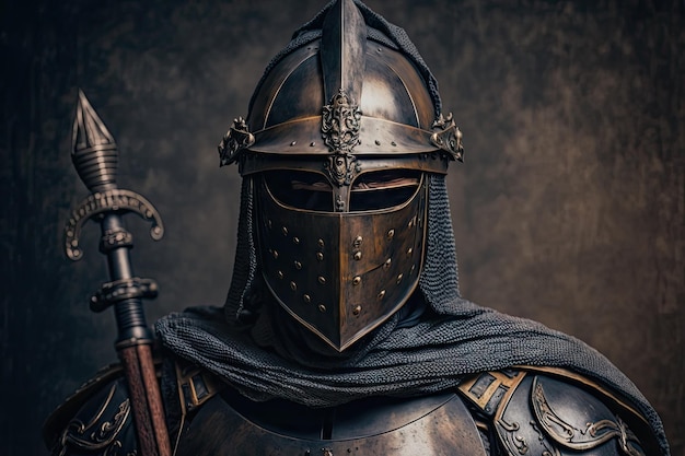 Medieval warrior armored with armor hat and sword on light background