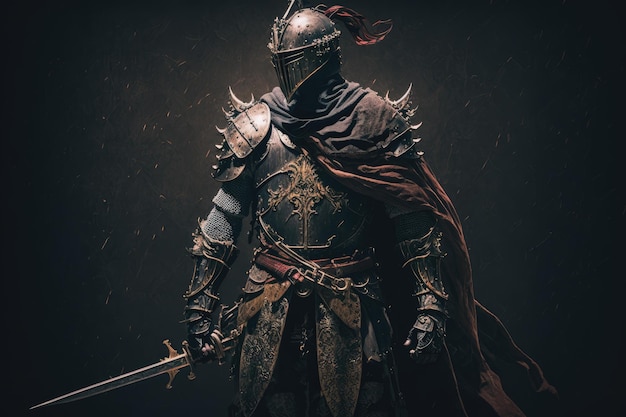 Medieval warrior with sword in armor walking on dark background digital illustration