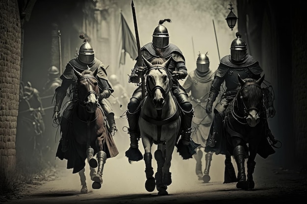写真 鎧を着た中世の戦士が歩く騎士との戦いに向かう