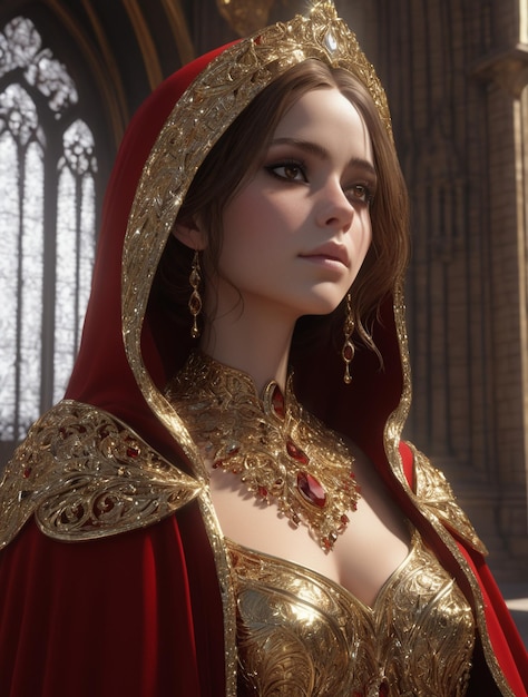 Medieval woman in red and gold gown with hooded cloak