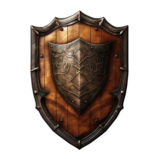 Medieval wooden shield with metal accents isolated on white transparent background