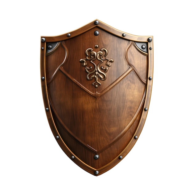 Medieval wooden shield with metal accents isolated on white transparent background