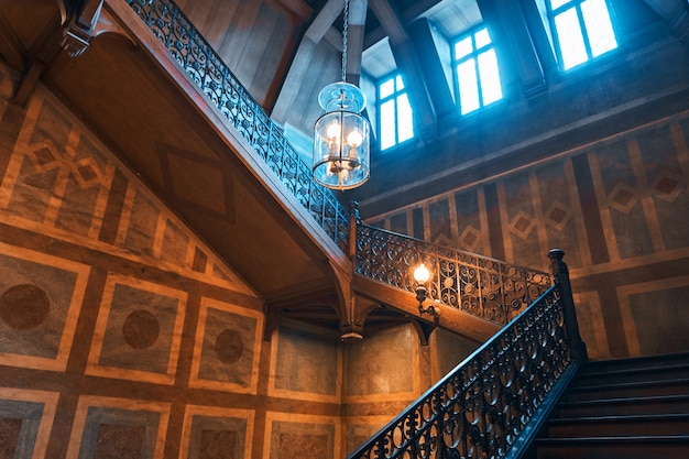 Medieval wooden staircase in a palace