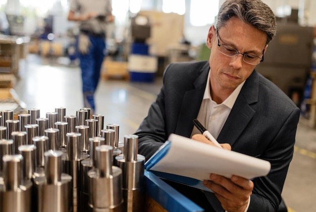 Medio volwassen ingenieur die aantekeningen maakt tijdens het inspecteren van stalen cilinders in industrieel gebouw xAxAxA