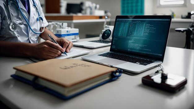 Medisch arts op het werk Dokter schrijft op laptop in kantoor met stethoscoop op de voorgrond