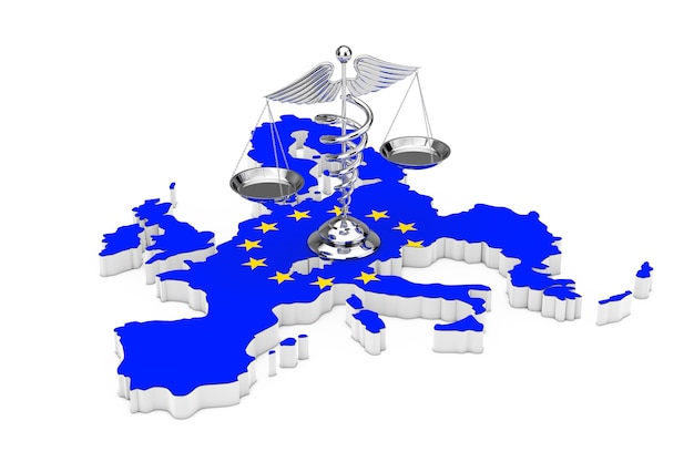 Medisch caduceus-symbool als schalen over de kaart van de europese unie met de vlag van de eu op een witte achtergrond. 3d-rendering