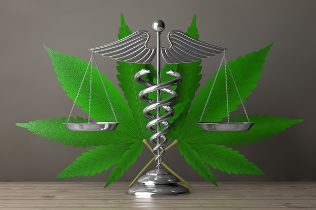 Foto medisch caduceus-symbool als schalen voor medische marihuana of cannabis hennepblad op een houten tafel. 3d-rendering