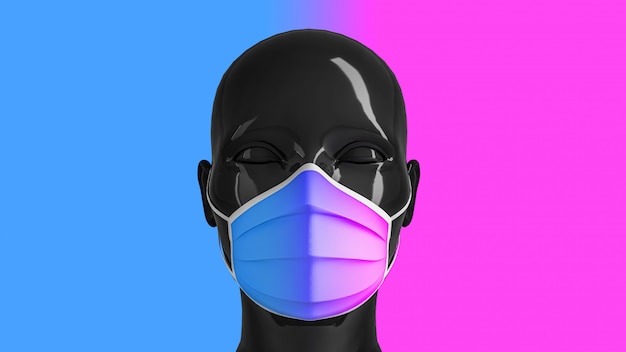 Medisch concept, het concept van verbod op vrijheid van meningsuiting. glanzende modieuze zwarte kop voor vrouwen in een medisch masker gekleurd op een gekleurde achtergrond.