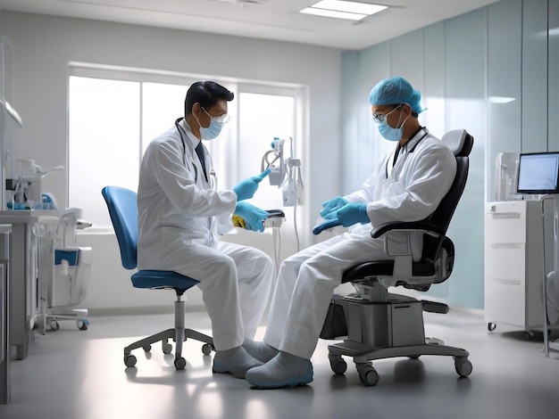Medisch gezondheidscentrum een arts in PPE die handschoenen draagt en een masker draagt met een mannelijke patiënt