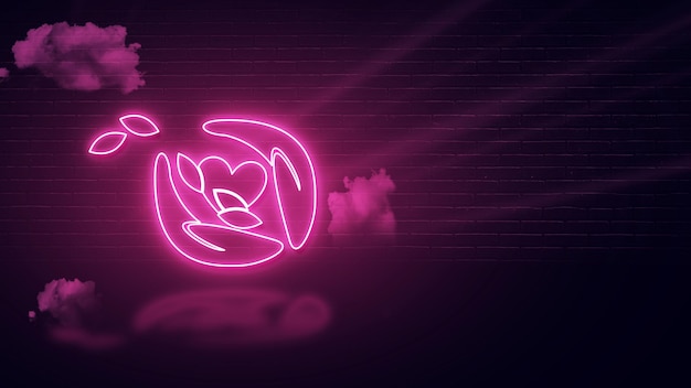 Medisch hart binnen hand icoon roze neon effect en lege ruimte voor kopie of bericht donkere achtergrond.