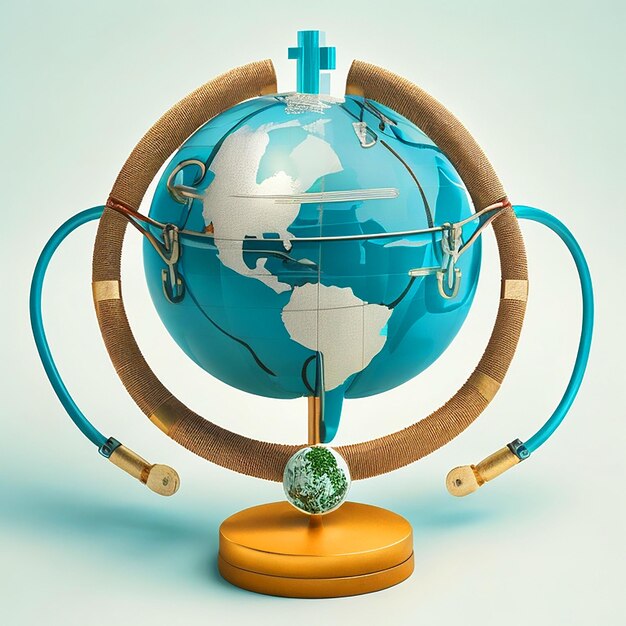 Foto medisch kruis verweven met een aardbol die de wereldwijde gezondheidszorg en reisbeeld symboliseert