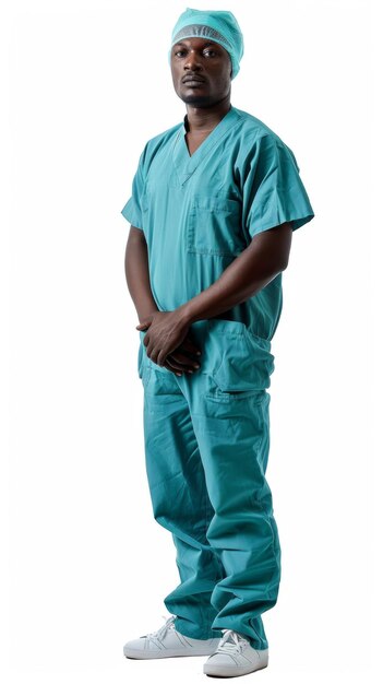 Foto medisch professionele in scrubs met handen in zakken
