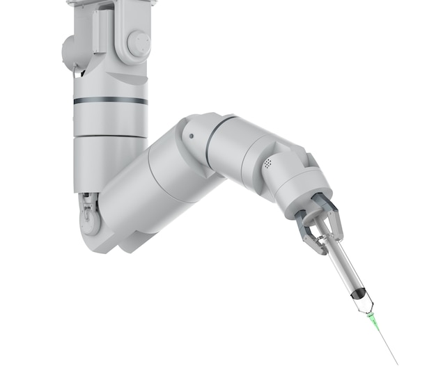 Medisch technologieconcept met 3D-rendering robotachtige hand met spuit geïsoleerd op wit