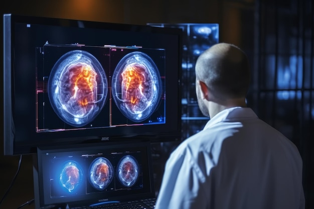 Medisch wetenschapper die CT-beeldmateriaal van de hersenen analyseert in een neurologisch onderzoekscentrum