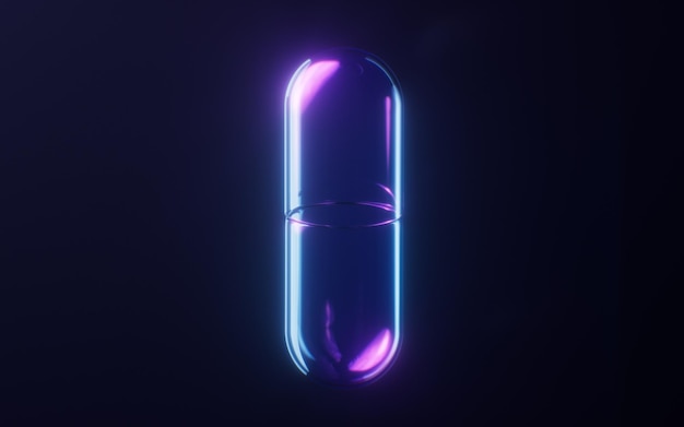 Medische capsule met donker neonlicht-effect 3D-weergave