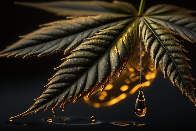 Medische cbd gouden oliedruppel op cannabisblad illustratie Generatieve AI